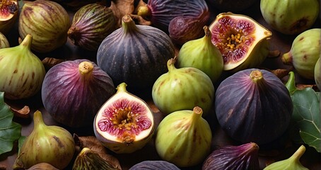 fig Zoom in to reveal the exquisite details of freshly harvested figs, capturing the interplay of light and shadow on the succulent fruit and surrounding foliage -Generative Ai