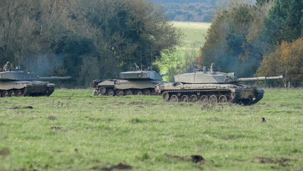 a group of British army FV4034 Challenger 2 ii main battle tanks, Wilts UK