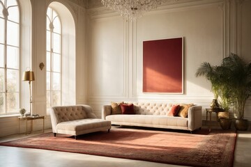 blank poster on the wall of room, mock-up , A stunning, sunlit room with floor-to-ceiling windows, adorned with plush velvet furniture and intricate Persian rugs  