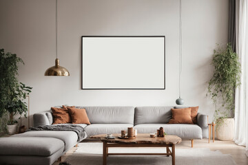  Scandinavian living room with a blank horizontal poster frame as your canvas Frame mockup Living room wall poster mockup contemporary  background design Modern interior design