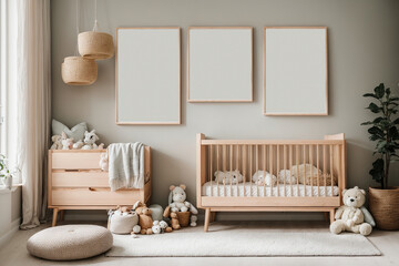 a calm, minimalistic nursery featuring a cozy wooden cradle, cute plush toys, and a blank poster frame to personalize your child's room