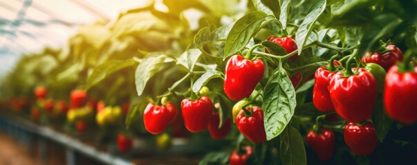 Obraz premium Beautiful ripe red pepper on branch in amazing sunny garden.