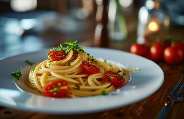 spaghetti on white plate with tomato