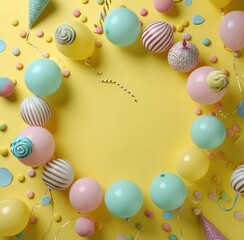 several balloons and candies are arranged in a circle on a yellow background