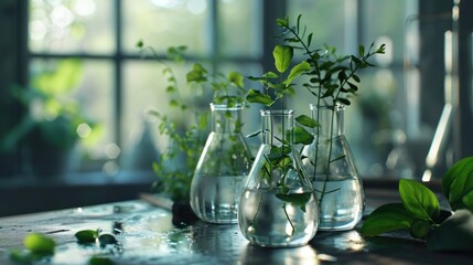 some beakers with plants growing in the water