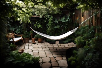A peaceful backyard with a hammock, lush greenery, and a small vegetable garden.