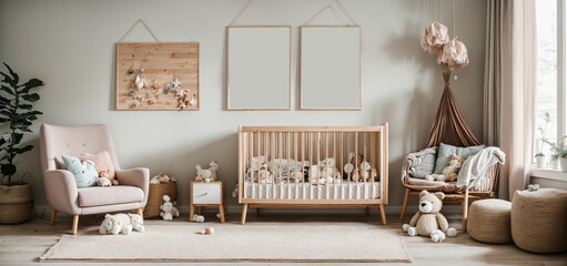 baby's room with a scandinavian twist, complete with a cozy wooden crib, charming plush toys, and a blank poster frame to showcase your little one's budding creativity