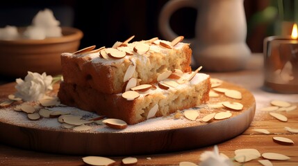 Tasty cake with almonds on a wooden table, closeup. Delicious dessert