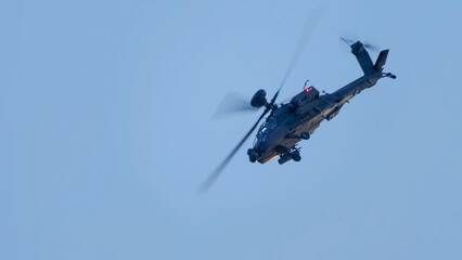 close-up of a British army Boeing Apache Attack helicopter gunship AH64E (AH-64E ArmyAir606) at...