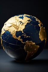 Earth globe with cracked kintsugi continents on a dark background. Global business concept.