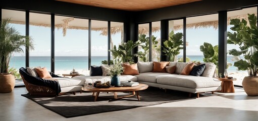 Obraz premium With a stunning black living room floor and a magnificent view of the ocean and sandy beach, this modern property boasts both natural beauty and modern style. Summertime loose and tropical in style