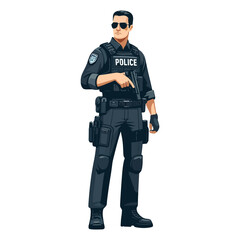 Fototapeta premium Policeman holding a handgun flat design vector illustration.