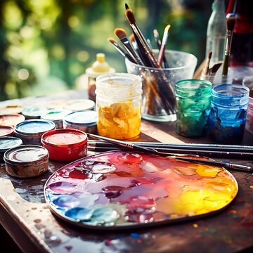 artist palette with brushes and palette of colorful oil paint