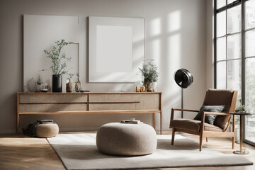 Fototapeta na wymiar a fluffy armchair, a cozy pouf, and a sleek wooden commode, all perfectly placed in a spacious and stylish room contemporary Scandinavian style interior background design
