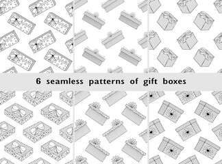 Big set of seamless patterns gift boxes. Hand Drawn Doodle Christmas, New Year or Birthday Gift boxes.Vector illustration.