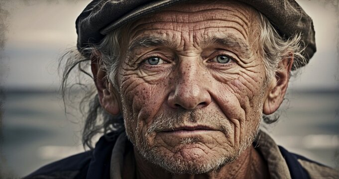 A high-definition image portraying the wisdom etched into the face of an aged sailor, emphasizing the minute details of each wrinkle and the depth of stories within his gaze -Generative Ai
