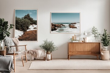 Frame mockup Living room wall poster mockup contemporary design Modern interior design A stylish, Nordic haven featuring an empty horizontal poster frame awaiting your customization