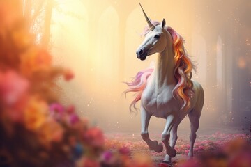 Obraz na płótnie Canvas Unicorn in the magic fairy forest. Magical unicorn. Magic fantasy background.