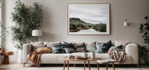  a stylish, Scandinavian oasis with a blank horizontal poster frame, just waiting for your personal touch Living room wall poster mockup contemporary background design Modern interior design 