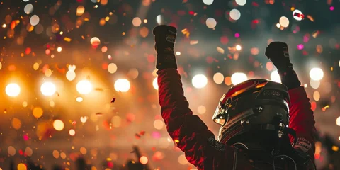Fototapeten race car driver celebrating the win in a race against bright stadium lights and confetti. winner competition © YuDwi Studio