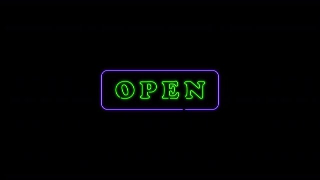 Neon sign "Open". Illuminated Store Front Shop Business Window. 4k high resolution video. Motion graphic stylish