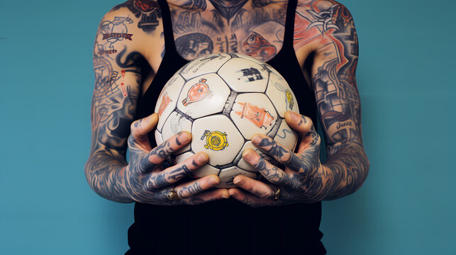 Ink and Sport: Close up Tattooed Hands Grasping a Footbal
