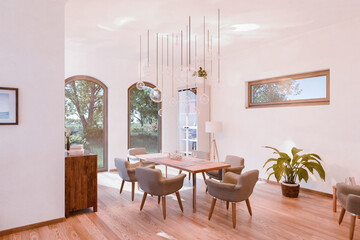 comfortable and modern dining and living room interior; rural design; bright sunlightl in ; 3D rendering