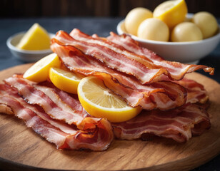 Savory and Sweet Crispy Bacon with Fresh Lemon Slices,A delectable image capturing the contrast of crispy, savory bacon strips adorned with fresh, juicy lemon slices,Generative AI