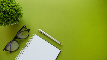 Flat lay with a blank spiral note, glasses, pen and home plant on green background