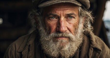 An HD portrait of a seasoned sailor's face, showcasing the details of his grizzled beard strands and the stories etched into his worn countenance -Generative Ai - obrazy, fototapety, plakaty