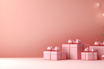 Gift boxes on pink background with copy space. 3d rendering