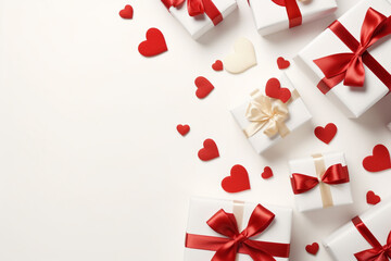 Valentine's day background with gift boxes and red hearts. 3d rendering