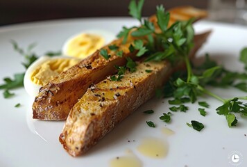 two bread sticks with eggs on a white plate with some herbs