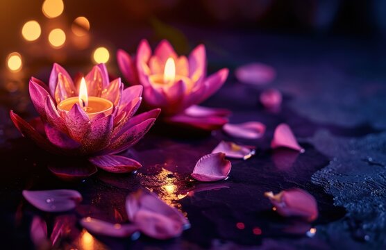 two large candles are beside a lotus flower on a dark background