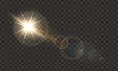 Golden sunlight lens flare, vector illustration on transparent background