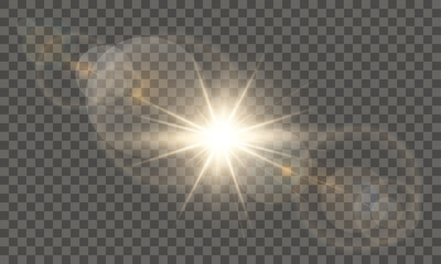 Sunlight lens flare light effect with warm golden sunrays, transparent vector design