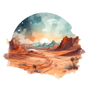 Sunset / Sunrise in the desert landscape watercolor illustration png isolated on a transparent background, clipart 