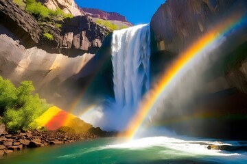 A-powerful-waterfall-in-a-rocky-canyon-the-sunlight-creating-a-vibrant-rainbow-over-its-tumultuous-beauty,waterfall-in-rainbow