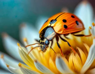 Schilderijen op glas Macro shots, Beautiful nature scene.  Beautiful ladybug on leaf defocused background © blackdiamond67