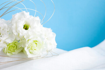 白いドレープとブルーバックに映える美しいトルコキキョウの花の素材