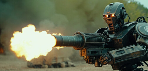 artificial intelligence or remote robot humanoid android solodier in war, armed with machine gun, fire and flames as explosion, military camouflage, fictional