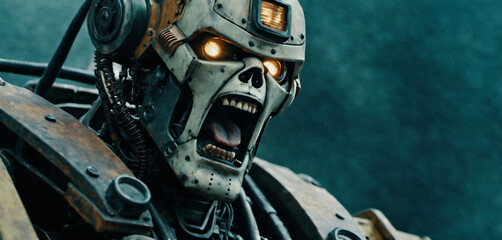 Fototapeta premium a scary robot, horror and apocalypse, humanoid android robot with artificial intelligence or AGI, general artificial intelligence in rage