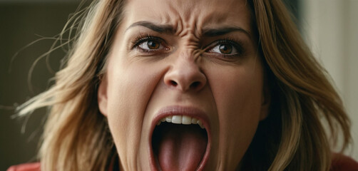 Mature adult woman, age 40, screams with her mouth wide open, from dissatisfaction to anger and rage, annoyed and disappointed, sad and screams out feelings and emotions, fictional reason - obrazy, fototapety, plakaty
