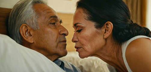 Senior man with gray hair and childbearing dark skin color and older Asian or Arabic woman,...