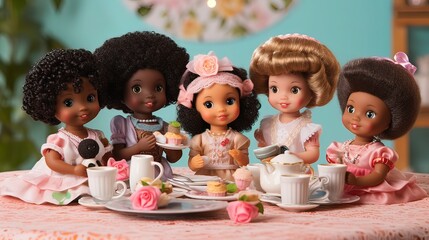 Fototapeta premium Whimsical Doll Tea Party: AI-Generated Charming Tea Time.