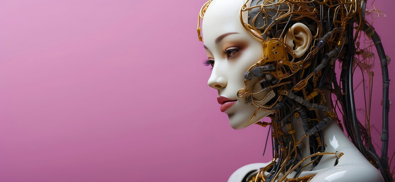 beautiful oriental female human face with androgynous features and cybernetic systems surrounding the head