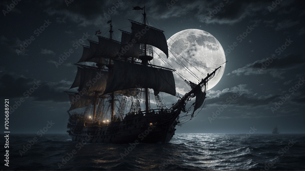 Wall mural mesmerizing 4k pirate ship under full moon captured with a 35mm lens. mystical adventure with tatter