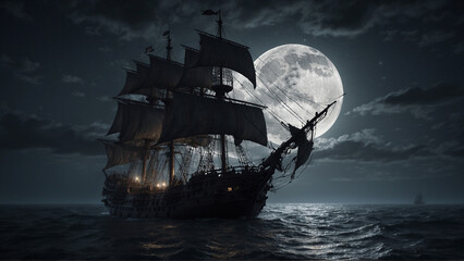 Mesmerizing 4K pirate ship under full moon captured with a 35mm lens. Mystical adventure with tattered sails, moonlit waters, and obscured pirate faces. Evokes mystery and awe. - obrazy, fototapety, plakaty