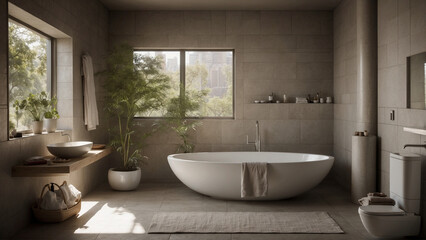 Fototapeta na wymiar Bathroom tranquility: 35mm lens captures minimalist serenity, warm tones, scattered toiletries, and serene introspection in morning light. Ideal for lifestyle and introspective concepts.