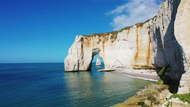Beautiful landscapes in Etretat, France, 4k drone shots of the cliffs.
